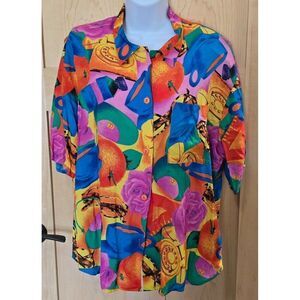 Vintage Vibrant Multicolor Button-Up Shirt Abstract Telephone & Saxophone Print